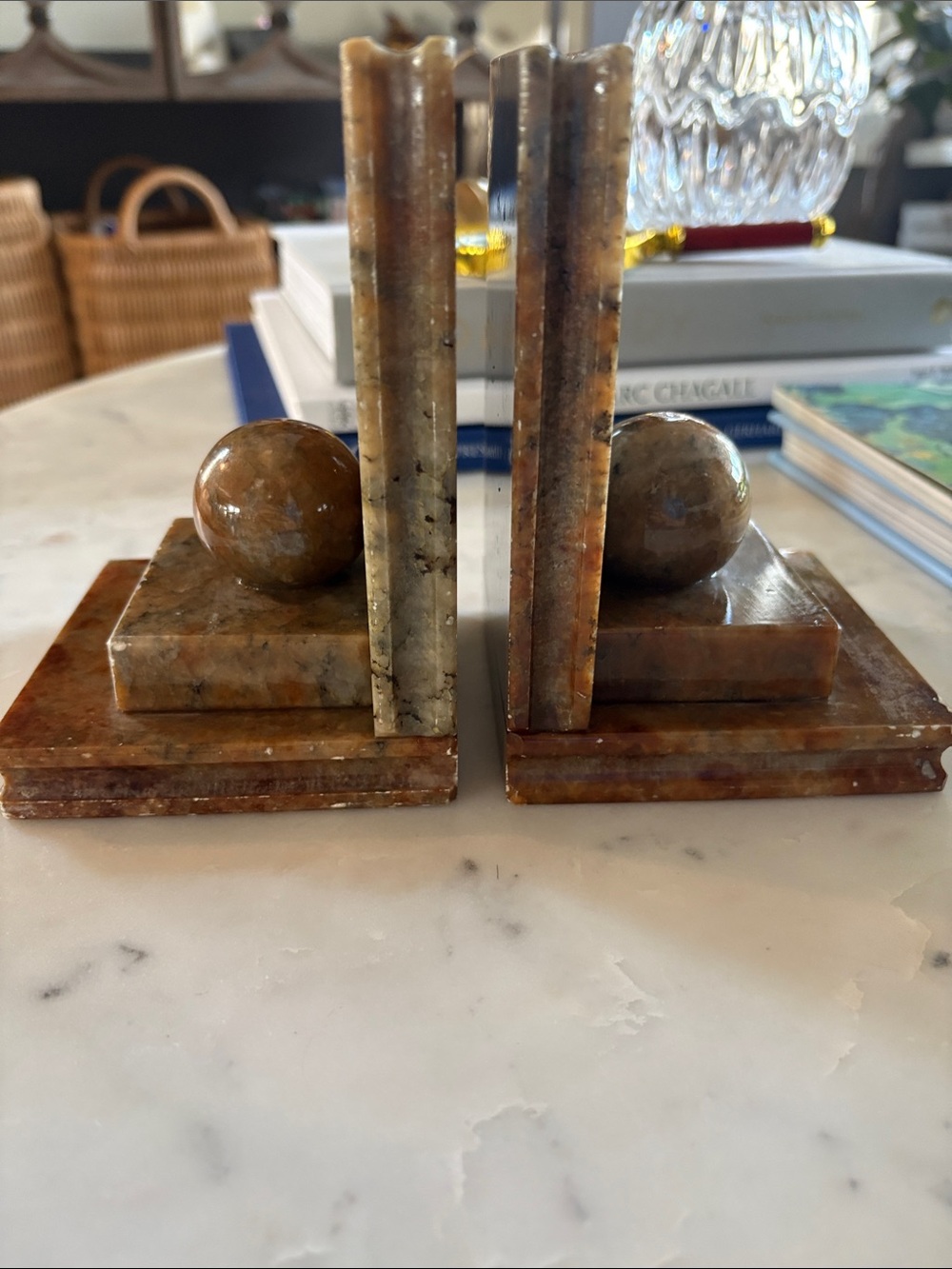 Vintage Alabaster made in italy Stone Bookends with Spheres - Pair